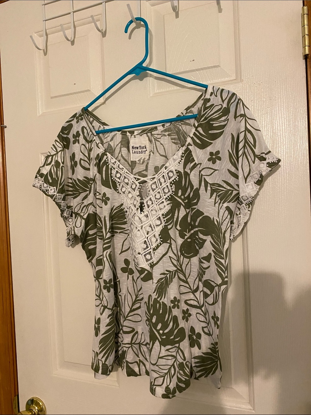 New York Laundry White Tee with Olive Floral Print & Crochet Trim